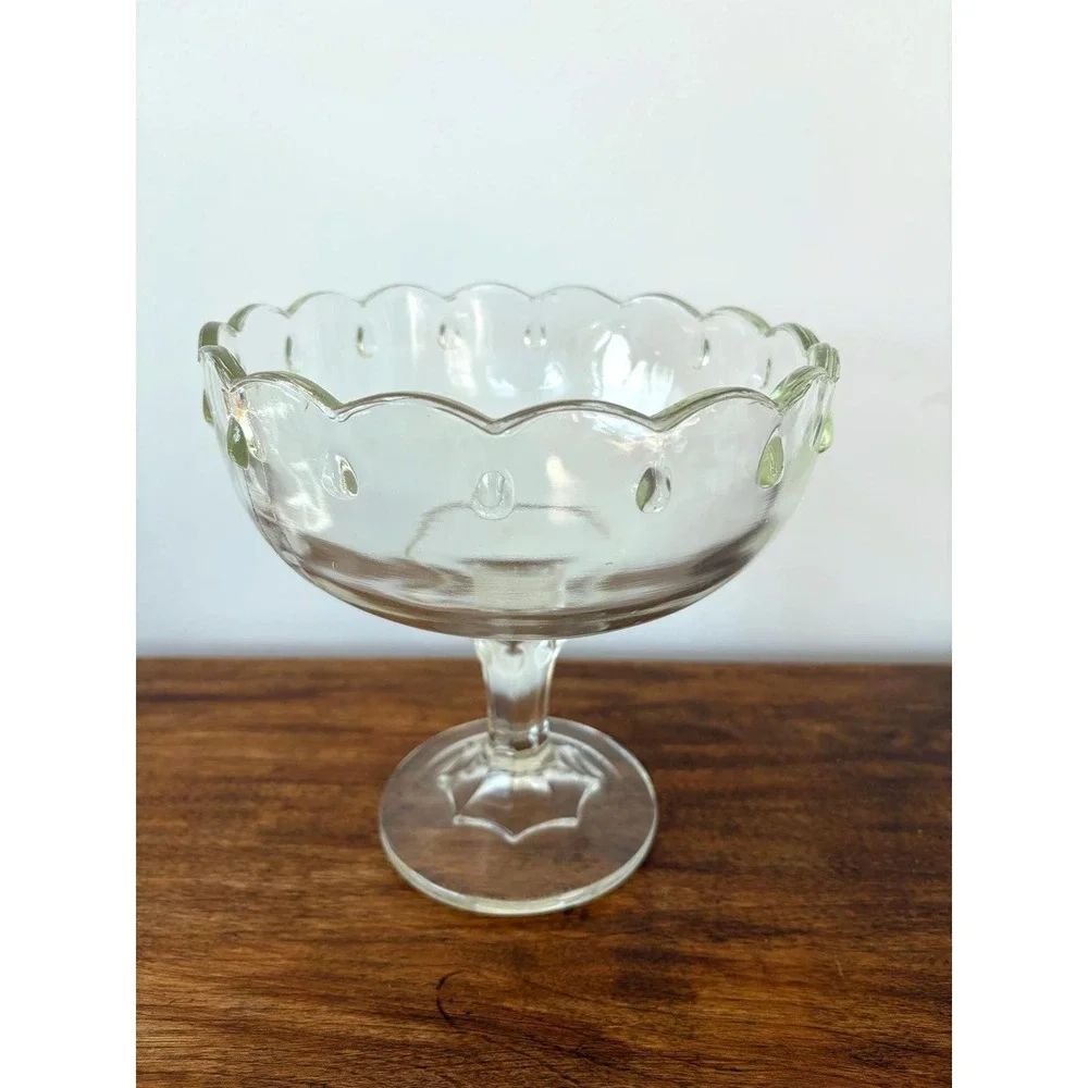 Vintage Clear Glass Pedestal Bowl Scalloped Edge Thumbprint Footed Compote Dish